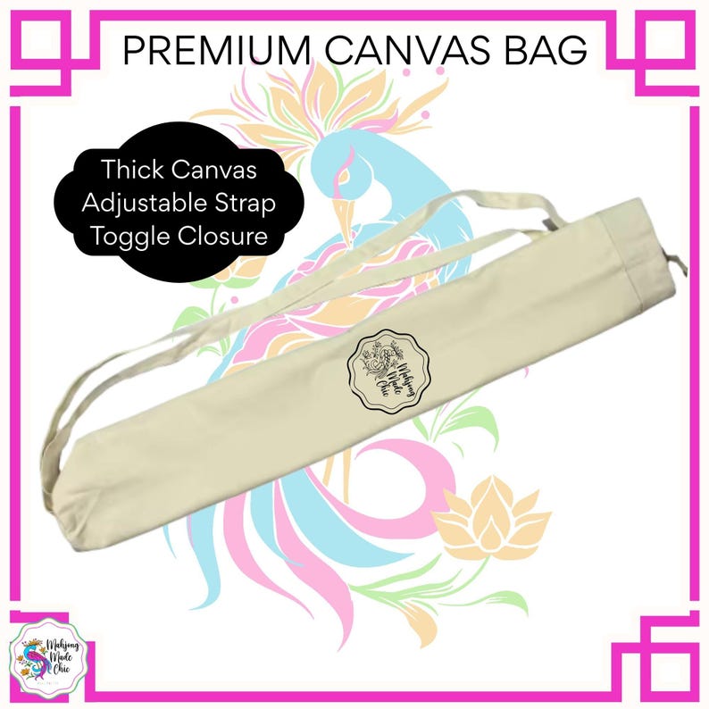 May include: Cream-colored canvas bag with an adjustable strap and toggle closure. The bag features the text "Premium Canvas Bag" and "Thick Canvas, Adjustable Strap, Toggle Closure". A floral logo is visible on the bag.