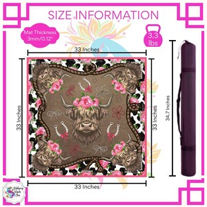May include: A square mat with a brown and pink floral design featuring a Highland cow illustration. The mat is 33 inches by 33 inches, with a thickness of 0.12 inches. The image also includes a carrying case.