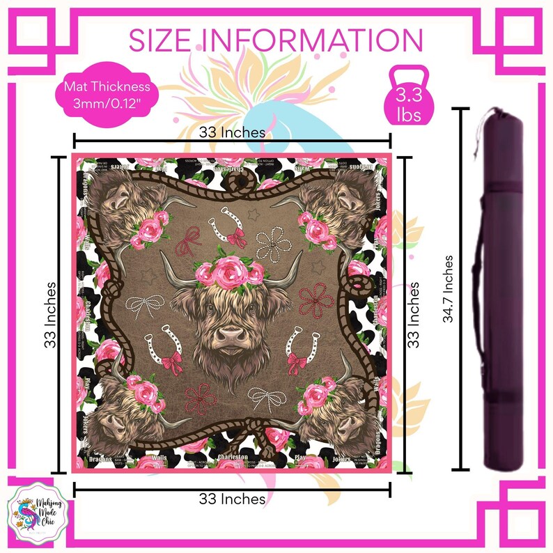 May include: A square mat with a brown and pink floral design featuring a Highland cow illustration. The mat is 33 inches by 33 inches, with a thickness of 0.12 inches. The image also includes a carrying case.