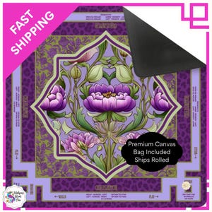 May include: A square game mat featuring a central purple floral design with green stems and leaves, surrounded by a purple leopard print border. The mat includes text labels such as Charleston, Walls, and Play, with a black corner flap visible.