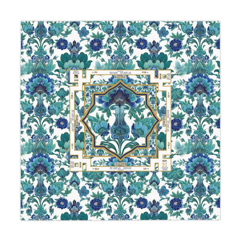 Imperial Keepsake Blue Mahjong Tablecloth | Mahjong Rules Directions Design | Mahjong Instructions Table Cloth Decor | Mahjongg Charleston image 1