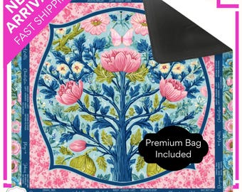 Blue Pink Mahjong Mat with Instructions,  Directions Neoprene Mahjongg Cover, Décor, Mah Jongg Mahj Accessories Gifts Decor Garden Majesty