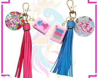 Mahjong Tile Keychain with Tassel,  Dot Crack Bam Purse Charm, Bag Tag, Mahjong Gift Prize, Handcrafted Mahjong Accessory Gold Hardware