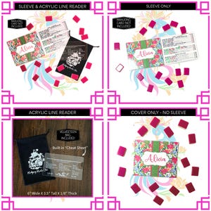 Pu&ograve; includere: Sono mostrate quattro varianti di prodotti per accessori Mahjong. Le opzioni includono una custodia e un lettore di linea in acrilico, solo custodia, lettore di linea in acrilico e solo copertura. Ogni opzione presenta un design floreale con il nome "Alicia" e include un sacchetto di velluto. Il lettore di linea in acrilico &egrave; largo 15,2 cm, alto 8,9 cm e spesso 0,3 cm.