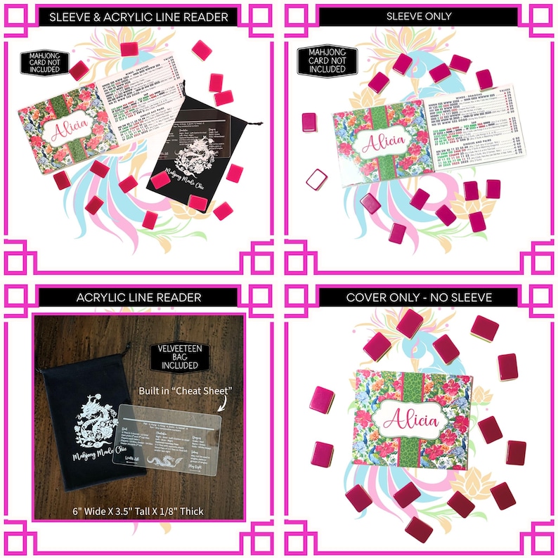 Pu&ograve; includere: Sono mostrate quattro varianti di prodotti per accessori Mahjong. Le opzioni includono una custodia e un lettore di linea in acrilico, solo custodia, lettore di linea in acrilico e solo copertura. Ogni opzione presenta un design floreale con il nome "Alicia" e include un sacchetto di velluto. Il lettore di linea in acrilico &egrave; largo 15,2 cm, alto 8,9 cm e spesso 0,3 cm.