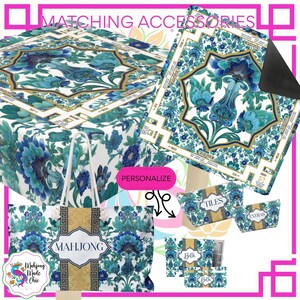 May include: A collection of matching accessories with a floral design in shades of blue, teal, and gold. Items include a tablecloth, tote bag with "MAHJONG" text, doormat, and various storage containers. The phrase "MATCHING ACCESSORIES" is at the top.