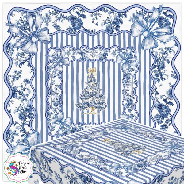 Blue Toile Christmas Mahjong Tablecloth With Instructions, Charleston Rules Table Cover, Game Night Decor, Mah Jongg Mahjong Accessories