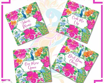 Mahjong Coasters, Pink Peacock Coaster Set, Funny Mahjong Accessories, Hostess Gift, Mahjong Gift, Mah jongg, Mahjong Party Ceramic Coasters