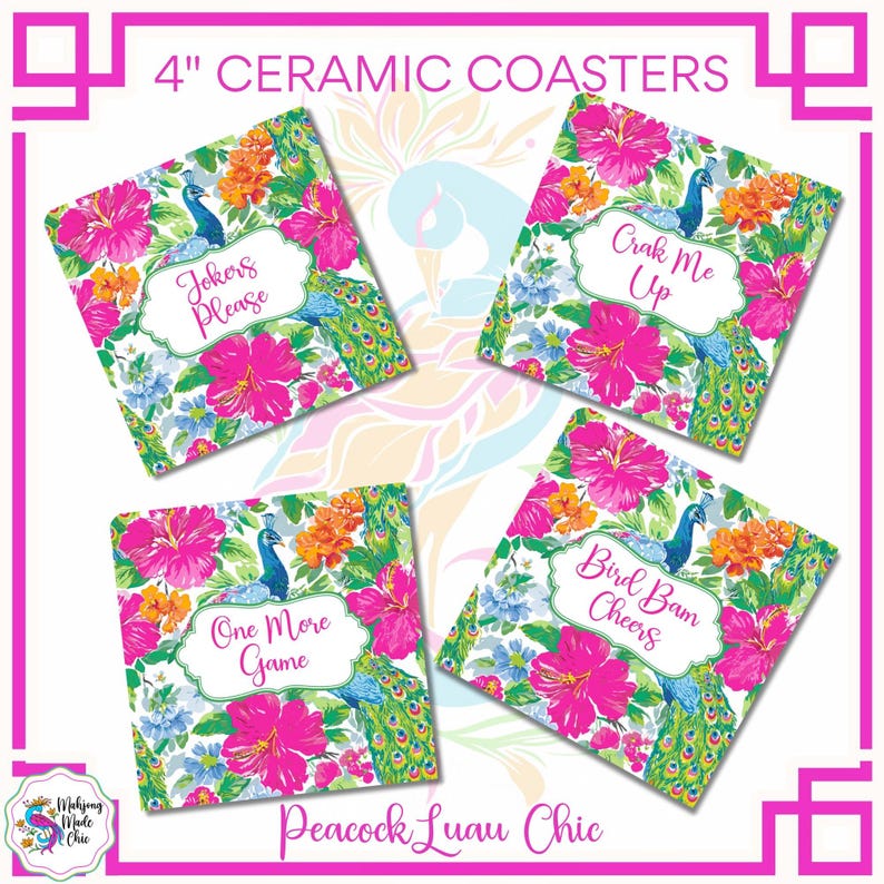 May include: Four 4-inch ceramic coasters with floral and peacock designs. Each coaster features a different phrase: "Jokers Please," "Crak Me Up," "One More Game," and "Bird Bam Cheers." The coasters have a white background with pink, orange, and blue flowers.