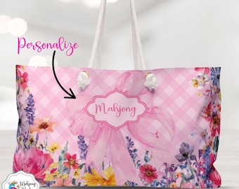 Bolsa de Mahjong con flores silvestres, bolsa de fin de semana floral rosa personalizada para fichas, accesorios con nombre personalizado, regalo para jugadores de Mahjong, Mah Jongg