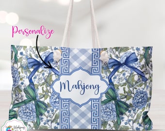 Borsa tote Mahjong personalizzata, borsa da weekend floreale blu per tessere, accessori Mahjong con nome personalizzato, regalo per giocatori di Mahjong, borsa Mah Jongg