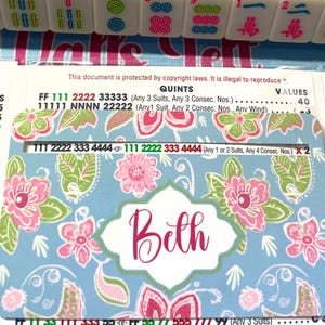 Pu&ograve; includere: Un porta carte Mahjong personalizzato con un design floreale rosa, verde e bianco su sfondo azzurro. Il nome "Beth" &egrave; visualizzato in corsivo. Il porta carte &egrave; posizionato vicino alle tessere del Mahjong.