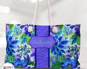 Blaue Blumen Einkaufstasche, Mahjong Tasche, personalisierte Strandtasche für Fliesen, personalisierte Namensaccessoires, Mahjong Spieler Geschenk, Mah Jongg