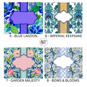 Pu&ograve; includere: Quattro disegni a motivi floreali e geometrici. Ogni disegno presenta un'etichetta centrale, ornata e vuota. I disegni sono etichettati: "Blue Lagoon", "Imperial Keepsake", "Garden Majesty" e "Bows & Blooms".