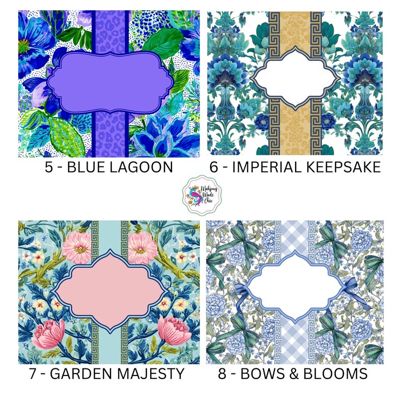 Pu&ograve; includere: Quattro disegni a motivi floreali e geometrici. Ogni disegno presenta un'etichetta centrale, ornata e vuota. I disegni sono etichettati: "Blue Lagoon", "Imperial Keepsake", "Garden Majesty" e "Bows & Blooms".