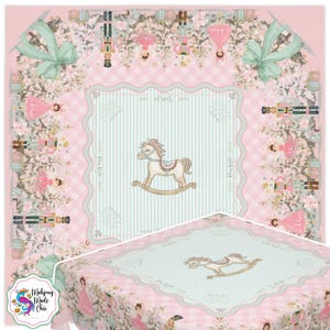 May include: A pink tablecloth with a whimsical design featuring a rocking horse, ballerinas, and nutcrackers. The border has a floral and bow pattern. The tablecloth has a light pink and mint green color scheme.