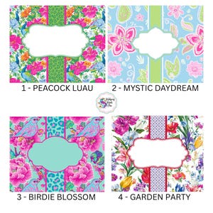Pu&ograve; includere: Quattro design colorati con motivi floreali e animali. Ogni design ha un'area etichetta bianca per il testo. I design sono etichettati: Peacock Luau, Mystic Daydream, Birdie Blossom e Garden Party.