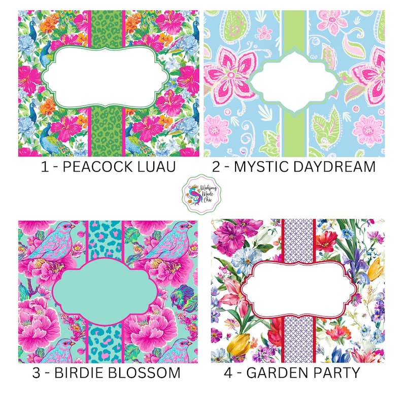 Pu&ograve; includere: Quattro design colorati con motivi floreali e animali. Ogni design ha un'area etichetta bianca per il testo. I design sono etichettati: Peacock Luau, Mystic Daydream, Birdie Blossom e Garden Party.