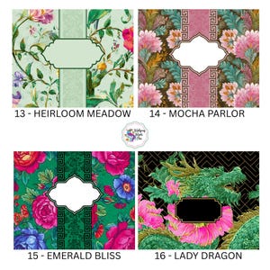 Pu&ograve; includere: Quattro disegni a motivi con etichette di testo. I disegni includono motivi floreali in verde, rosa e nero, ciascuno con un'etichetta bianca centrale. Le etichette di testo recitano: "13 - HEIRLOOM MEADOW", "14 - MOCHA PARLOR", "15 - EMERALD BLISS" e "16 - LADY DRAGON".
