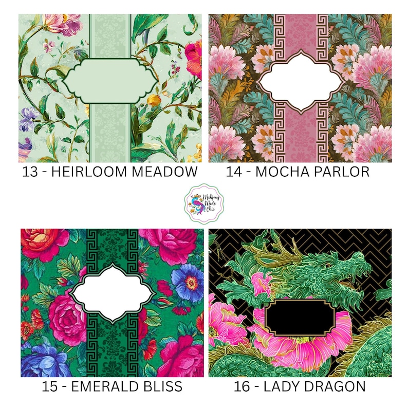 Pu&ograve; includere: Quattro disegni a motivi con etichette di testo. I disegni includono motivi floreali in verde, rosa e nero, ciascuno con un'etichetta bianca centrale. Le etichette di testo recitano: "13 - HEIRLOOM MEADOW", "14 - MOCHA PARLOR", "15 - EMERALD BLISS" e "16 - LADY DRAGON".