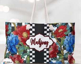 Botanical Luxe Mahjong Bag, Pink Blue Boho Pattern Travel Tote Bag, Trendy Mahjong Bags,  Mahjong Accessory Bag, Mahj Gift, Mahjong Gifts