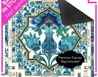 Blue Gold Turquoise Mahjong Mat with Instructions, Directions Neoprene Mahjongg Cover, Mah Jongg Mahj Accessories Gifts Imperial Keepsake