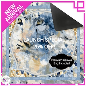 May include: A square, abstract art piece featuring a snow leopard's face in shades of blue, beige, and white. The text "LAUNCH SPECIAL 25% OFF!" is displayed. A black canvas bag is included.