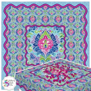 May include: A colorful Mahjong game mat with a floral pattern in shades of blue, pink, green, and purple. The mat has a scalloped edge and a central design. The bottom corner shows the game tiles on the mat. The logo "Mahjong Made Chic" is in the bottom left corner.