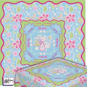 May include: A square, patterned fabric with a light blue background, featuring pink flowers, green paisley shapes, and a central design with text that reads "Play Right" and "Walls Left". The fabric has a green border with a pink wavy trim.