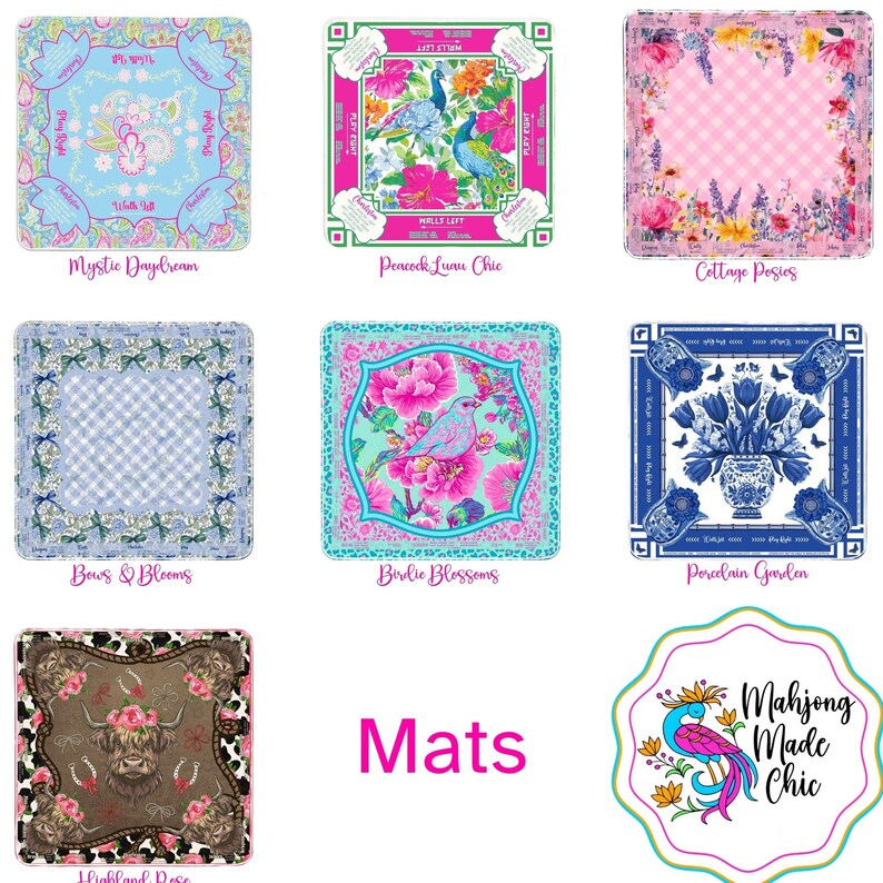 May include: Nine square mats with various designs. The mats feature floral, bird, and animal patterns in vibrant colors. Text on the mats includes "Mystic Daydream," "Peacock Lunu Chic," "Cottage Posies," "Bows & Blooms," "Birdie Blossoms," "Porcelain Garden," and "Highland Rose."