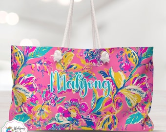 Mango Tango Mahjong Bag, Pink Turquoise Gold  Pattern Travel Tote Bag, Trendy Mahjong Bags,  Mahjong Accessory Bag, Mahj Gift, Mahjong Gifts