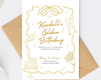 Golden Birthday invitation | Gold Digital Canva Template | Printable Birthday Card | Milestone Party Evite | Girl Gold Birthday Invite