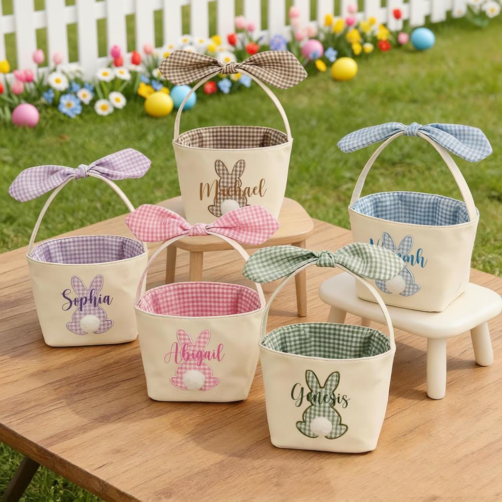 Discover Personalized Easter Basket with Name, Embridered Egg Hunt Basket, Custom Handmade Bunny Basket, Monogrammed Easter Bag, Baby Shower Gifts