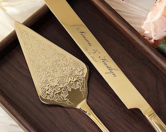 Juego de cuchillos para pastel de bodas con grabado romántico en oro y plata, regalo personalizado para servir el pastel de bodas.