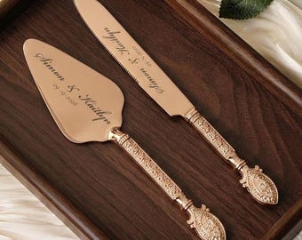 Juego de cortar pastel de boda vintage grabado a medida, cuchillo, servidor y tenedores de acero inoxidable
