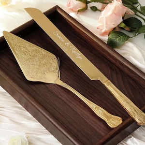 Wedding Cake Knife Set With Romance Engraved Gold Silver, Personalized Bridal Cake Server Gift