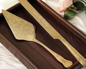 Wedding Cake Knife Set With Romance Engraved Gold Silver, Personalized Bridal Cake Server Gift