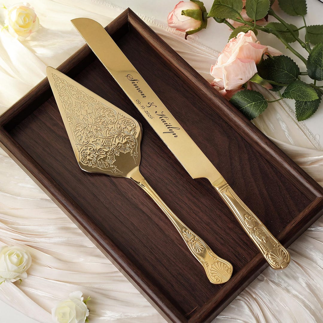Wedding Cake Knife Set With Romance Engraved Gold Silver, Personalized Bridal Cake Server Gift
