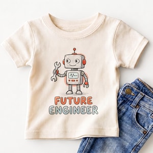 May include: Cream-colored t-shirt featuring a cartoon robot holding a wrench. The robot is gray, white, and red, with a smiling face and a screen displaying a waveform. The words "FUTURE ENGINEER" are printed below the robot in orange and green.