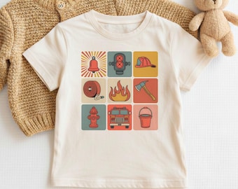 Fire Truck & Firefighter Gear Shirt, Toddler Firefighter Equipment Tee, Kids Firetruck Shirt, Boys Fireman Birthday Outfit.