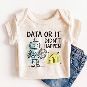 May include: Cream-colored baby onesie with the text "DATA OR IT DIDN'T HAPPEN" and a cartoon robot holding a tablet. The robot is drawn in black and white with blue and yellow accents. A pair of blue jeans is visible.