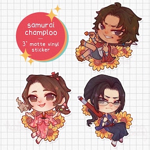 May include: Four matte vinyl stickers featuring characters from "Samurai Champloo." Each sticker is approximately 3 inches. The stickers depict anime-style characters with floral accents. The text "samurai champloo" is displayed on a red circle.