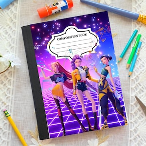 May include: Composition book with a vibrant cover featuring three animated figures in stylish outfits against a purple and blue background. The cover includes the text "COMPOSITION BOOK" in a decorative label.