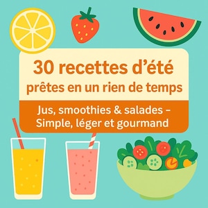 Puede incluir: Ilustración colorida con alimentos y bebidas de verano. Incluye una rodaja de limón, una fresa, una rodaja de sandía, dos vasos de jugo con pajitas y un cuenco de ensalada. El texto dice: "30 recetas de verano listas en un abrir y cerrar de ojos."
