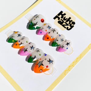 Funky Stars - Multicolour French Tip Press On Nails, Handpainted Faux Nails, Gemstone Gel Nails, Chrome Nails