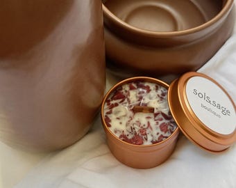 Positive Energie Kerzen - Kristall & Kräuter Kerze - Soja Aromatherapie Kerze mit Sonnenstein, Citrin - Positive Energie Kristall Kerze - Handgemacht!
