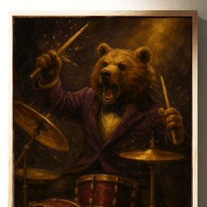 Bear Drummer Oil Painting – 8K Animal Musician Art Print, High Resolution Wall Art, Digital Download for Large Format Prints