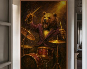 Jazz Bear Drummer Print: Digital Oil Painting for Music Room (Downloadable PNG & JPGs)