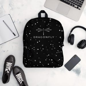 Black Starry Dragonfly Backpack – Minimalist Celestial Bag with Dragonfly Tattoo Design | Back to School Aesthetic Backpack