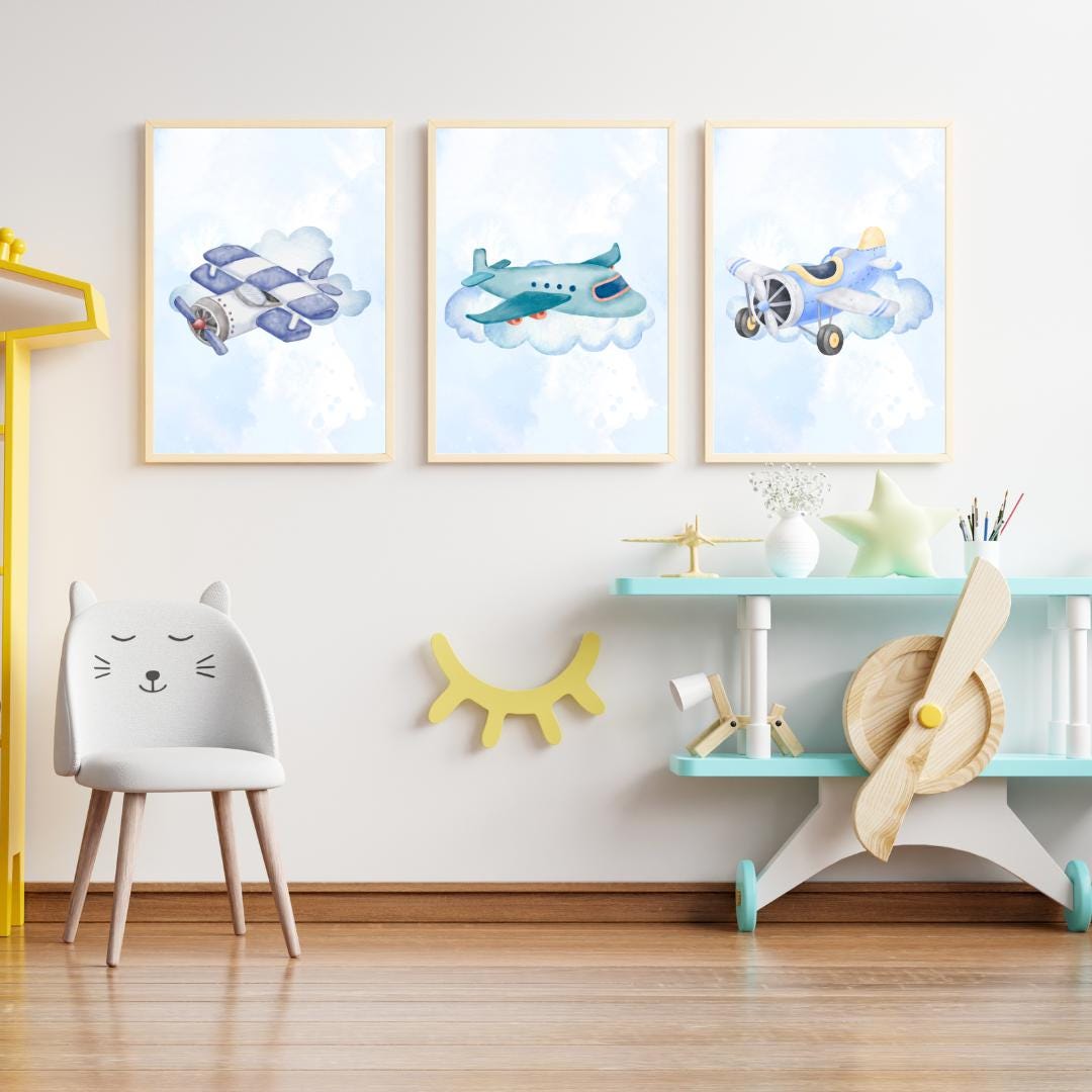 Airplane Nursery Wall Art Set of 3 – Boys Room Decor, Vintage & Modern ...